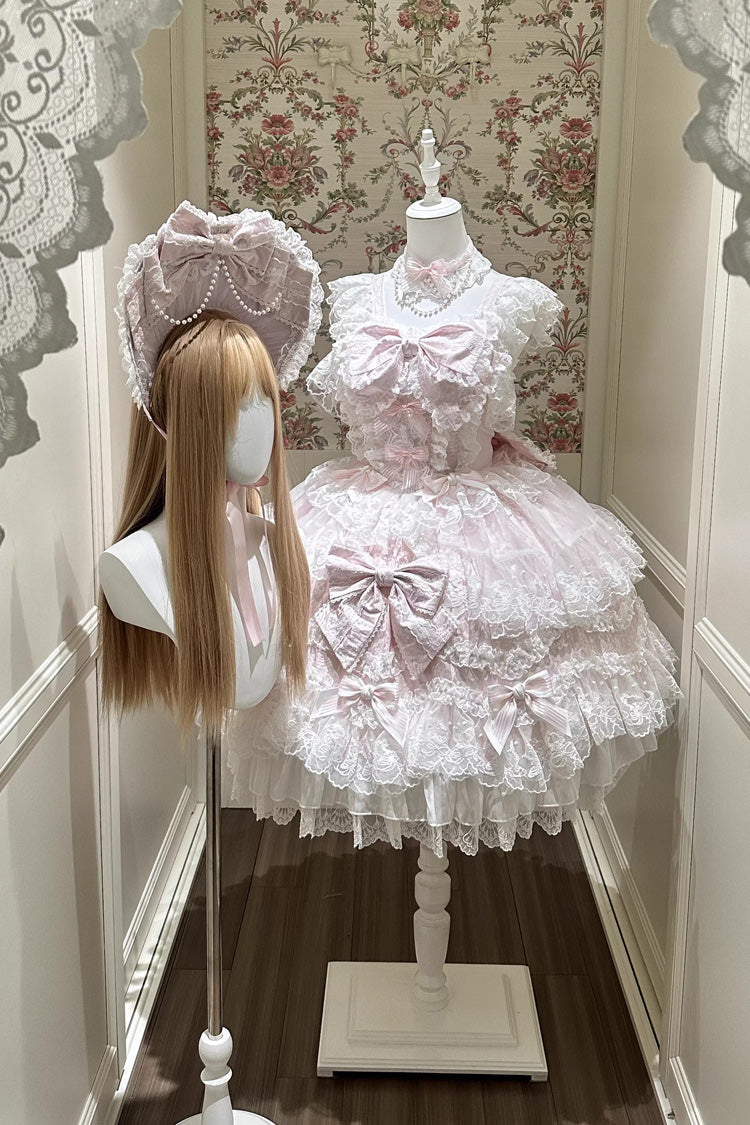Pink Sakura Dream Romance Sleeveless Multi-Layered Ruffled Hanayome Bow Lace Sweet Princess Lolita Jsk Dress