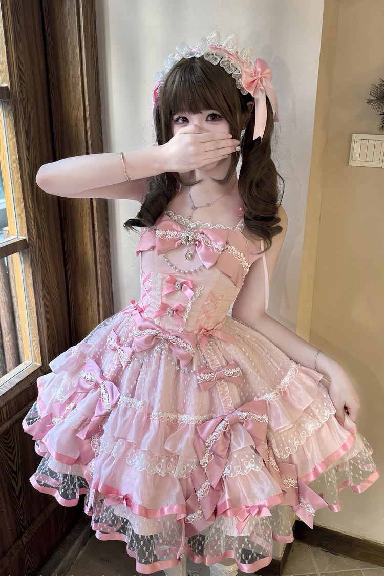 Pink Gem Love Sleeveless Triple-Layered Ruffle Bowknot Lace Sweet Ballet Lolita Jsk Dress