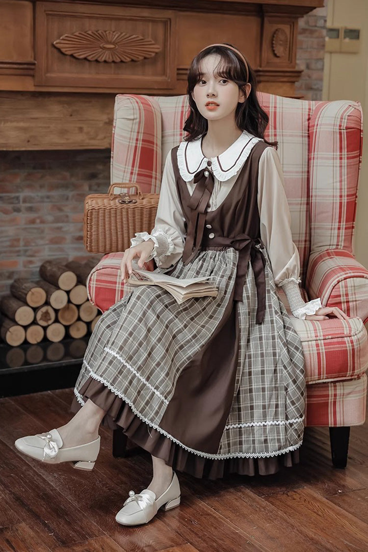 White/Brown Campus Style Doll Collar Lantern Sleeves Plaid Sweet Lolita OP Dress