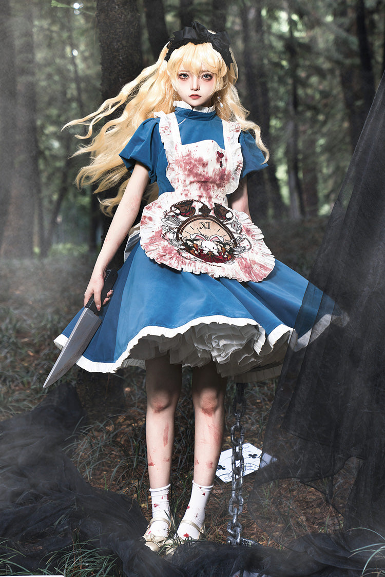 Blue Dark Fairy Tale Alice Long Sleeves Ruffle Gothic Lolita Dress