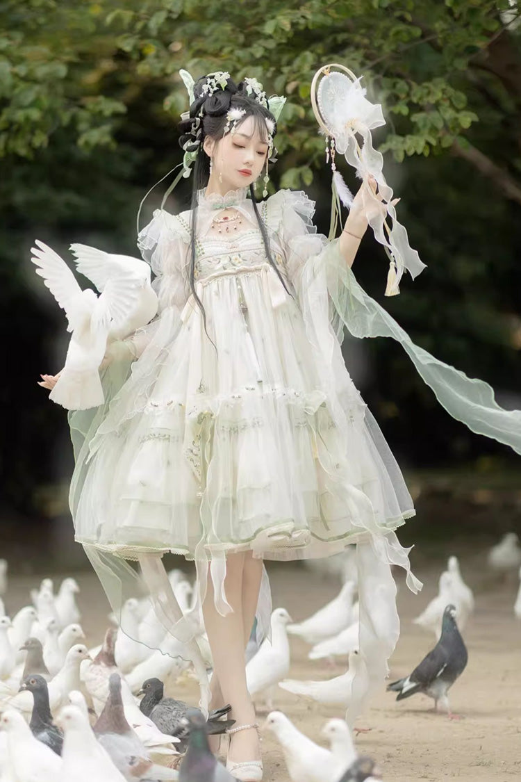Ivory Luo Ling Fu Ruffle Embroidery Bowknot Lace Sweet Chinese Style Lolita Jsk Dress