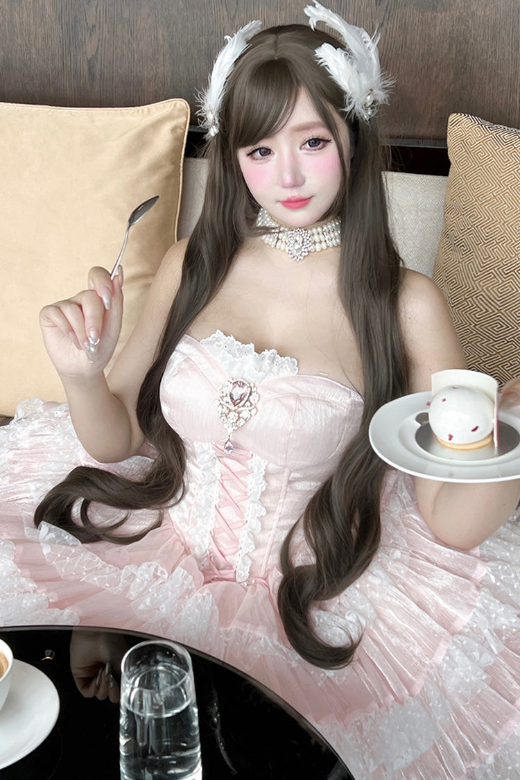 Pink Heartbeat at First Sight Off Shoulder Sleeveless Multi-Layered Ruffle Bowknot Lace Lace-Up Sweet Princess Gorgeous Lolita Dress