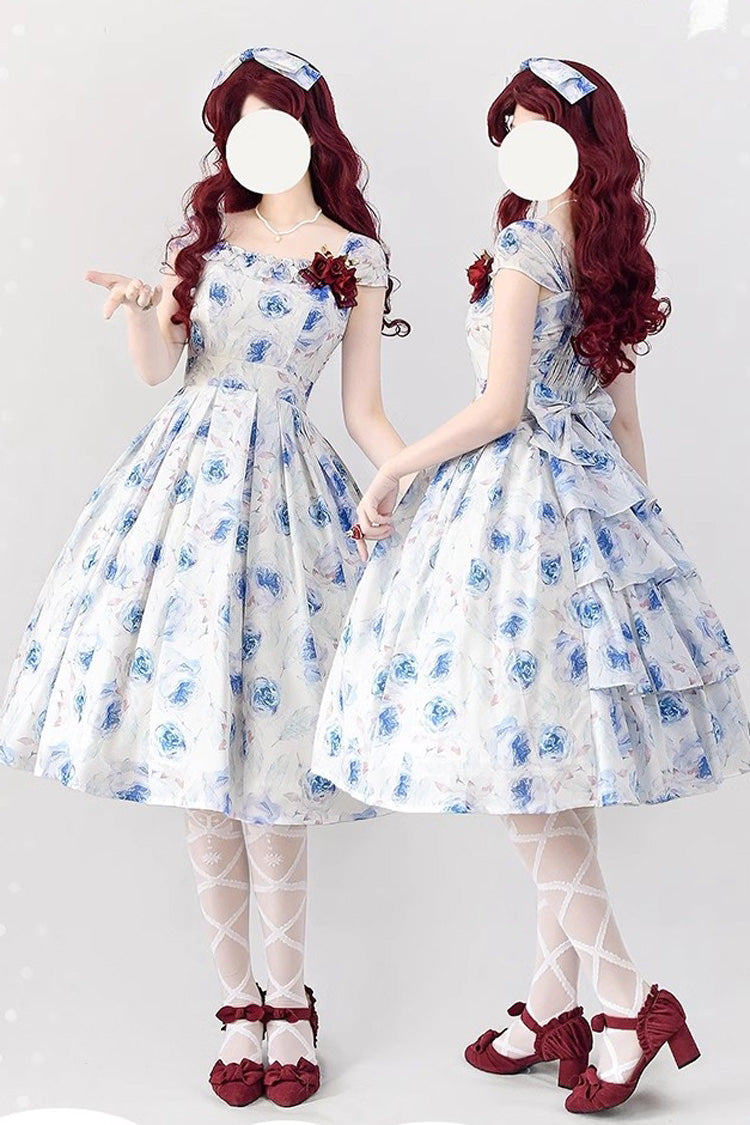 Blue/White Rose Print Forest Basket Bowknot Sweet Elegant Lolita Jsk Dress