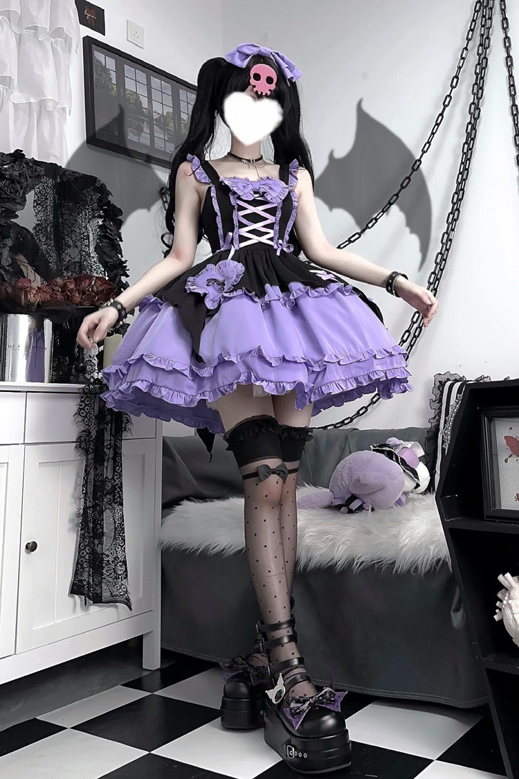 Black/Purple Halloween Little Witch Sleeveless Double-Layered Ruffle Bowknot Lace-Up Gothic Lolita Jsk Dress