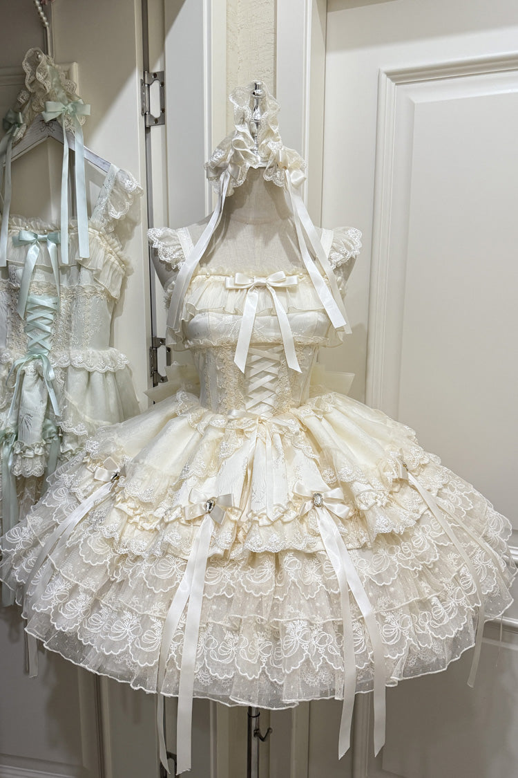 Apricot Ribbon Heart Love Sleeveless Multi-Layered Ruffle Bowknot Lace Lace-Up Sweet Princess Ballet Lolita Jsk Dress