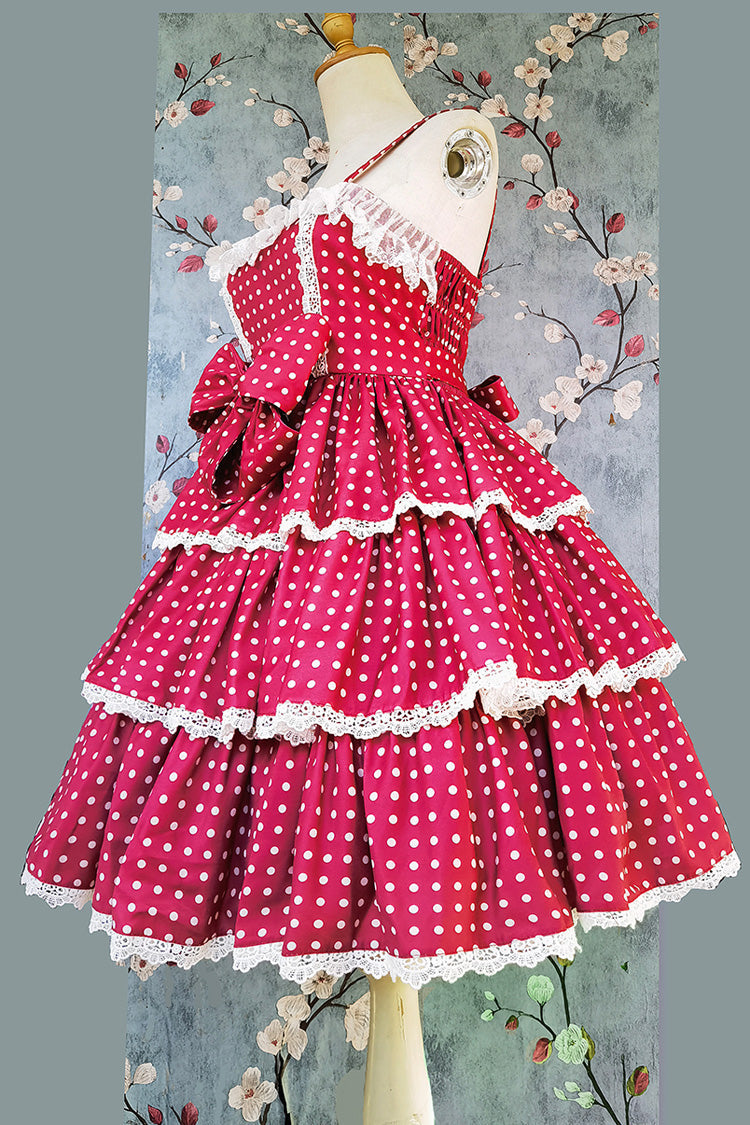 Red Cloth Cat Triple-Layered Polka Dots Print Ruffle Bowknot Sweet Lolita Dress