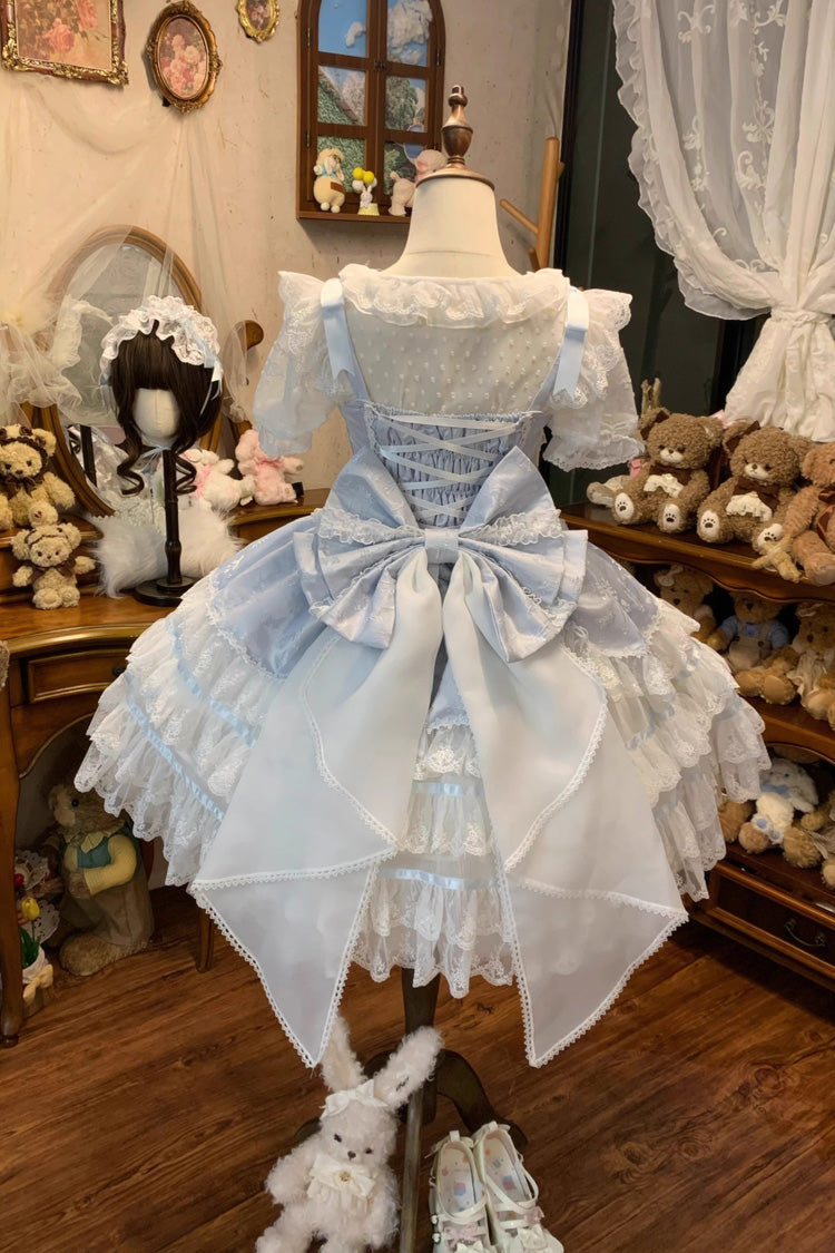 Blue Snow Kissed Romance Sleeveless High Waisted Multi-Layered Bowknot Lace Pearl Sweet Ballet Lolita Jsk Dress