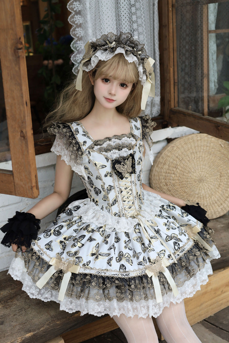 Cream Golden Spirit • Dream Butterfly Sleeveless Print Ruffle Bowknot Lace-Up Sweet Princess Lolita Jsk Dress Set