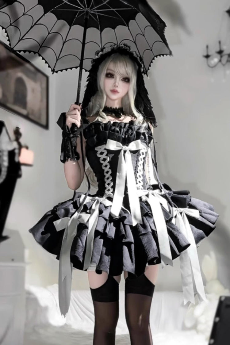 Thousand Paper Cranes Sleeveless Multi-Layered Ruffle Bowknot Lace-Up Fishbone Gothic Lolita Jsk Dress 4 Colors