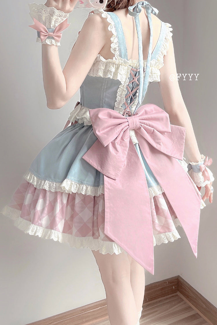 Blue/Pink Sweetheart Cowboy Plaid Print Ruffle Bowknot Sweet Lolita Skirt Set