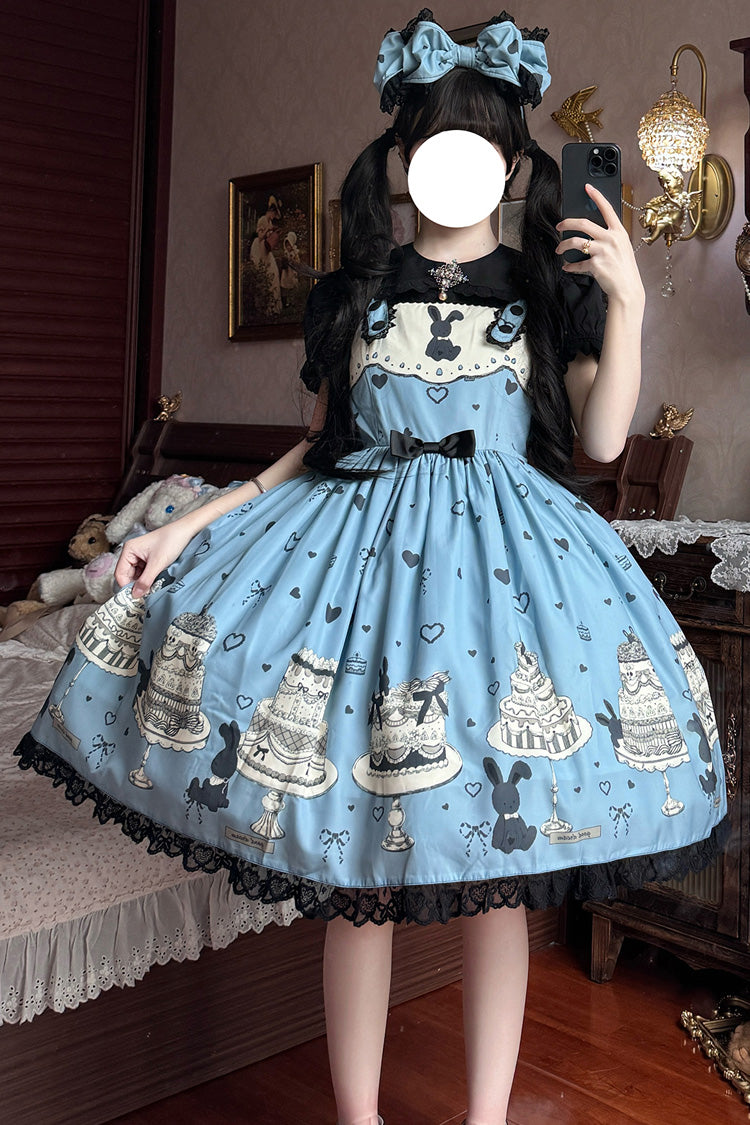 Blue Cake Bunny Print Bowknot Stitching Lace Sweet Lolita Jsk Dress