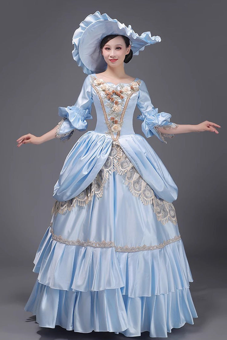 Blue 3D Flower Decoration Multi-layer Ruffle Embroidery Cardigan Sweet Vintage Princess Victorian Dress