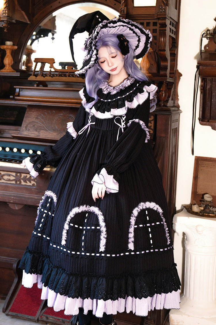 Black Twin Lilian Round Collar Long Sleeves Double-Layered Ruffled Bow Lace-Up Gothic Lolita Dress