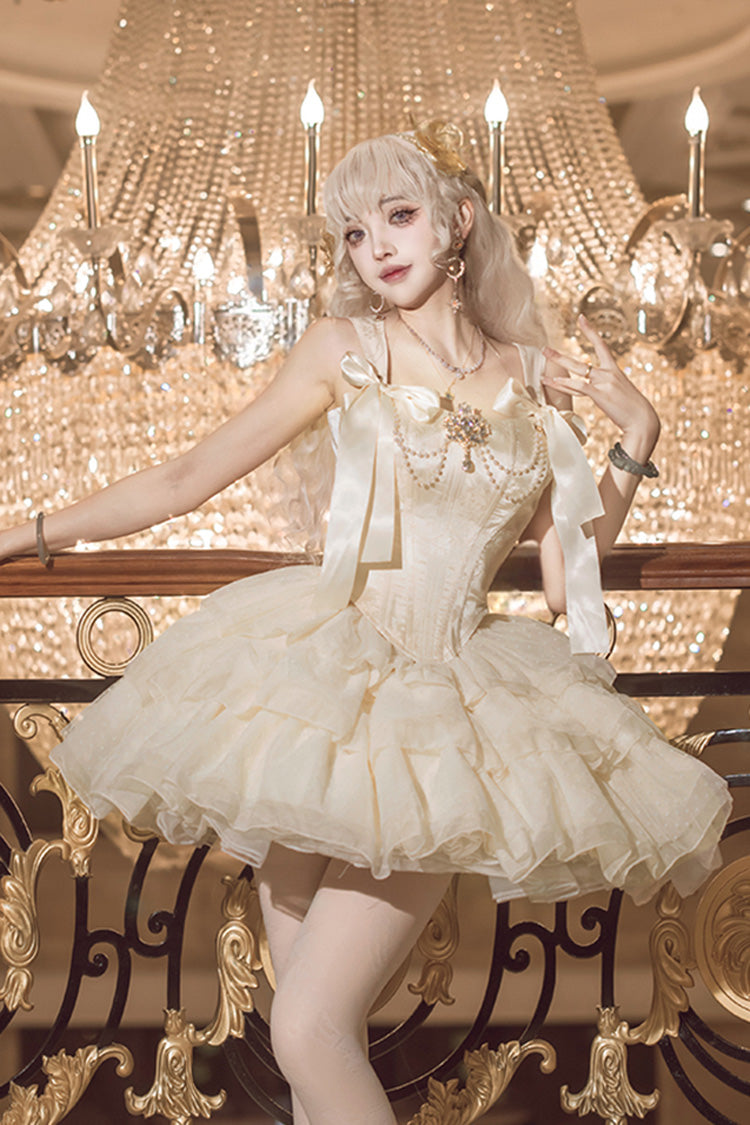 Champagne Cream Polka Dots Sleeveless Jacquard Bowknot Slim Sweet Ballet Lolita Skirt Dress