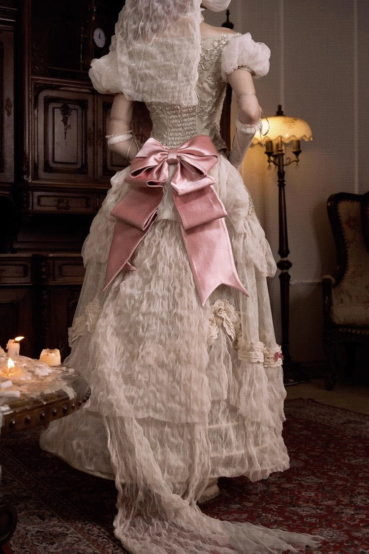 Light Brown Cupid's Poetry Box Boat Neck Short Puff Sleeves Ruffled Cut-Out Embroidered Bow Lace Gothic Elegant Lolita Skirt Dress and Top Set