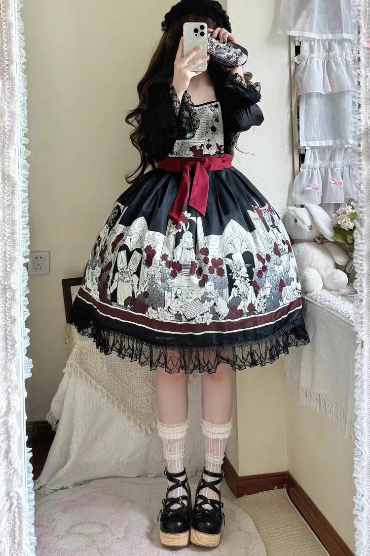 Black Alice of the Asylum Print Bowknot Lace Gothic Lolita Dress 2 Versions