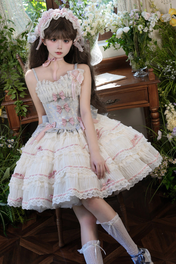 Blue/Apricot Sea Salt Souffle Sleeveless Multi-Layered Bowknot Lace Sweet Ballet Lolita Jsk Dress