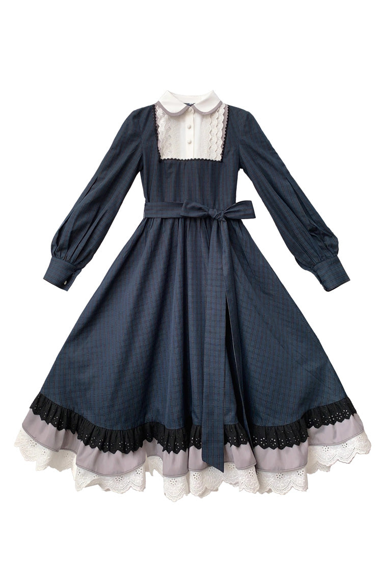 Dark Blue Phyllis Plaid Print Ruffle Bowknot Lace Vintage Elegant Lolita Dress
