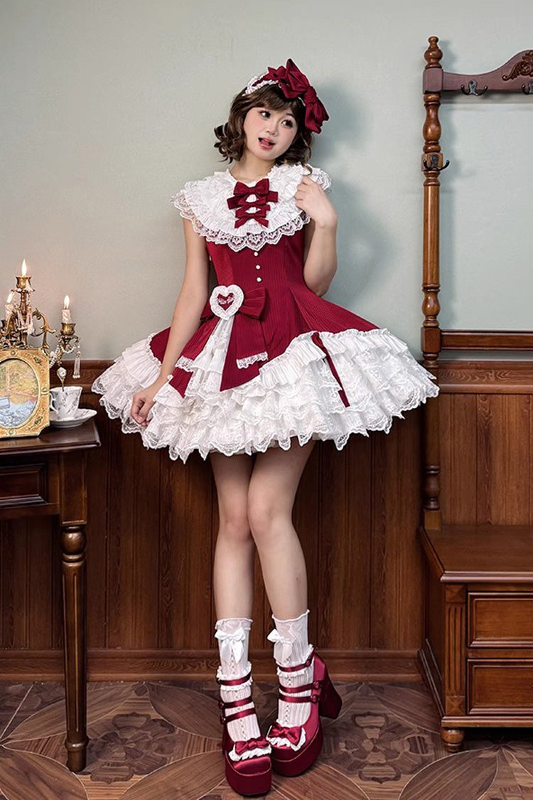 Red Miss Tsundere Sleeveless Multi-Layered Ruffle Bowknot Lace Asymmetric Sweet Princess Lolita Dress