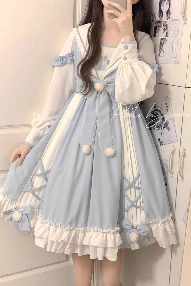 White/Blue Navy Collar Long Sleeves Print Ruffle Bowknot Sweet Princess Lolita Dress