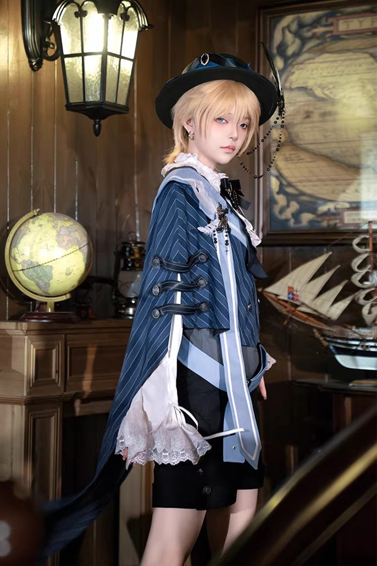 White/Grey/Blue Age of Machines Bow Asymmetric Punk Prince Ouji Lolita Shorts Vest Cloak Set