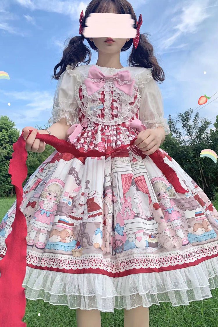 Red Plush Bear and Doll Print Ruffle Bowknot Lace Sweet Lolita Jsk Dress