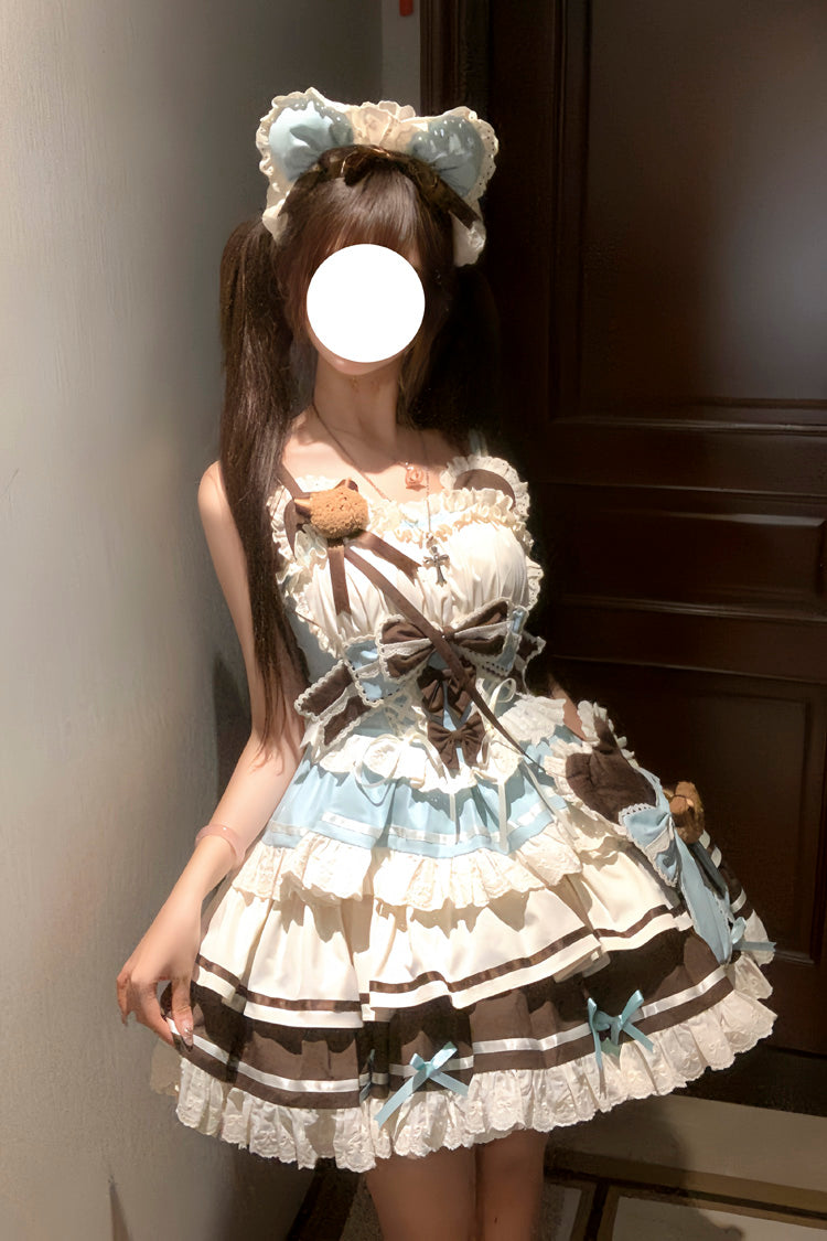 Green/Chocolate First Love Bear Multi-Layered Ruffle Bowknot Lace Sweet Lolita Jsk Dress