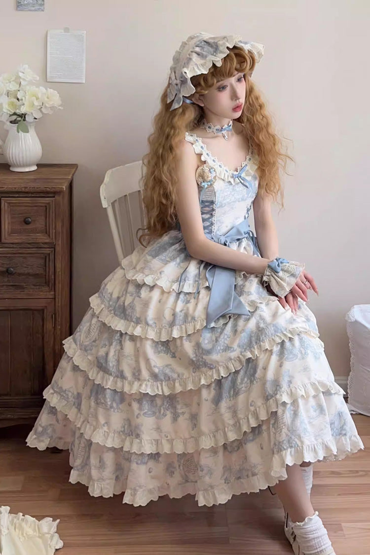 Blue Grape Moon Almanac Sleeveless Multi-Layered Printed Ruffled Bow Adjustable-Length Sweet Lolita Jsk Dress