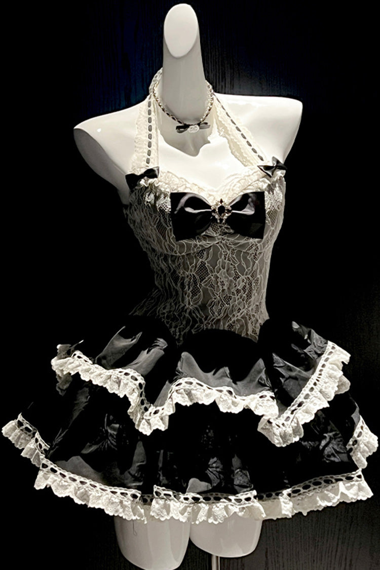 Black Asking For A Kiss Halterneck Double-Layered Bowknot Lace Gothic Lolita Dress