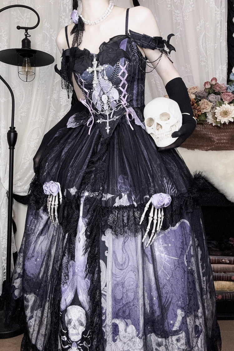 Black/Blue Skull Magic Print Ruffle Bowknot Gothic Elegant Lolita Skirt Two-Piece Set