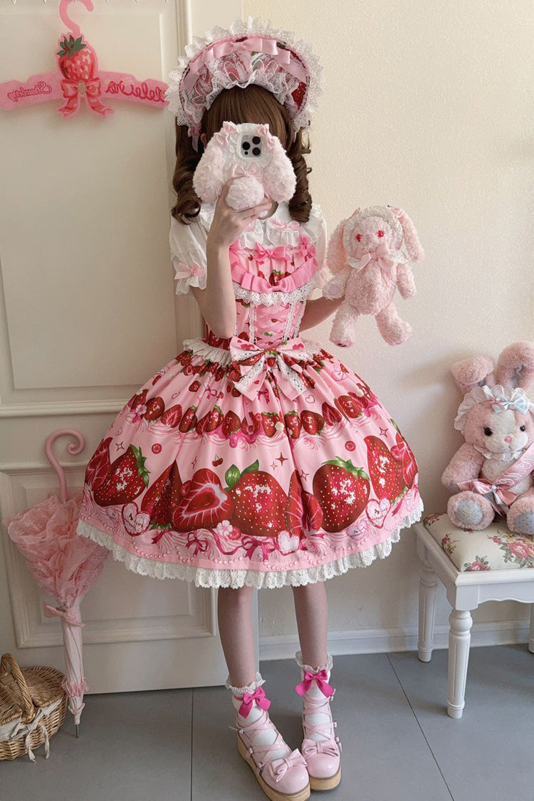 Sweet Berry Tale Strawberry Print Ruffle Bowknot Lace Sweet Lolita Jsk Dress 4 Colors