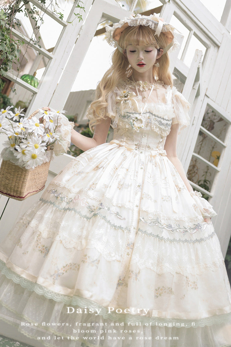 Multi-Color Daisy Poetry Print Ruffle Hollow Embroidery Lace Sweet Elegant Princess Lolita Jsk Dress