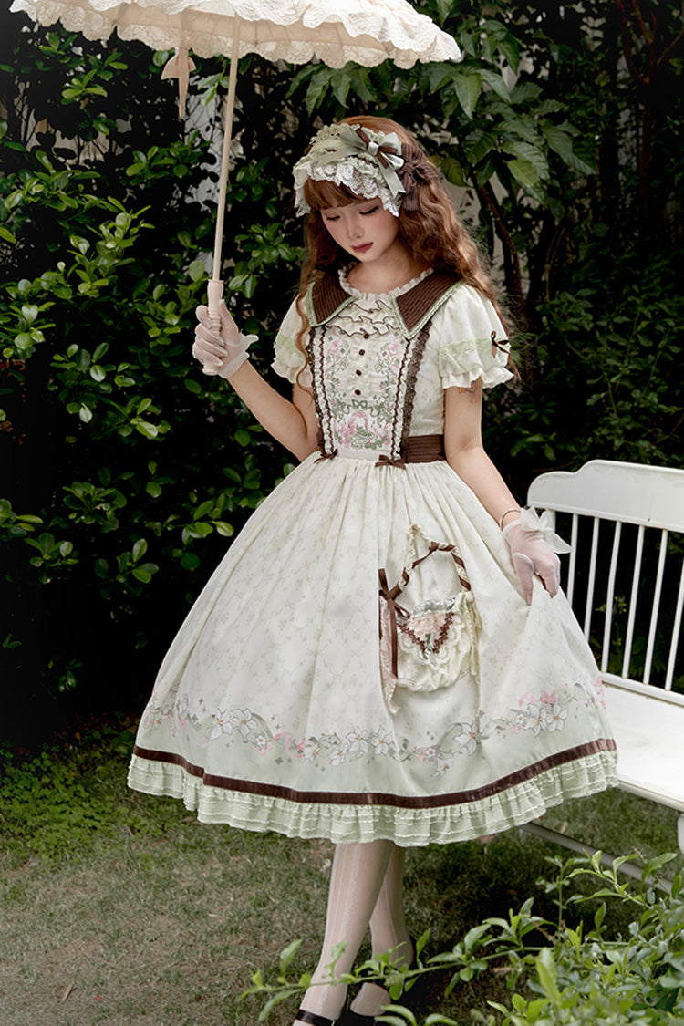 Green/Ivory Lily Short Sleeves Print Ruffle Embroidery Bowknot Lace Sweet Elegant Lolita Dress