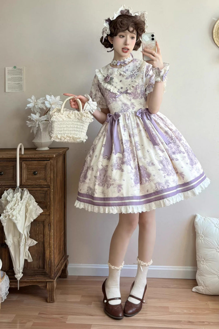 Purple Grape Moon Almanac Short Sleeves Multi-Layered Printed Ruffled Bow Sweet Lolita Dress
