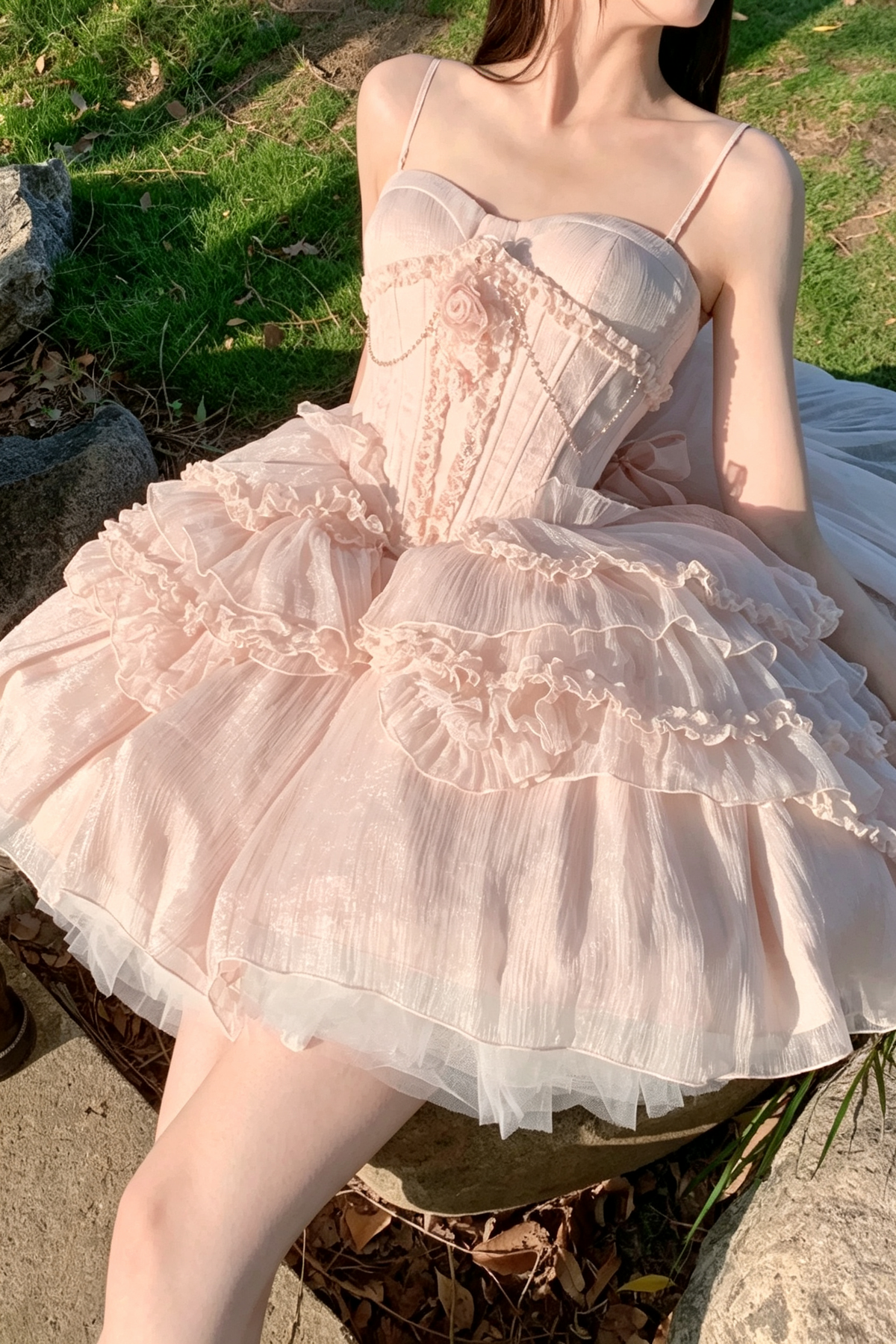 Pink Strapless Multi-Layered Ruffled Flower Corset Sweet Princess Ballet Lolita JSK Dress