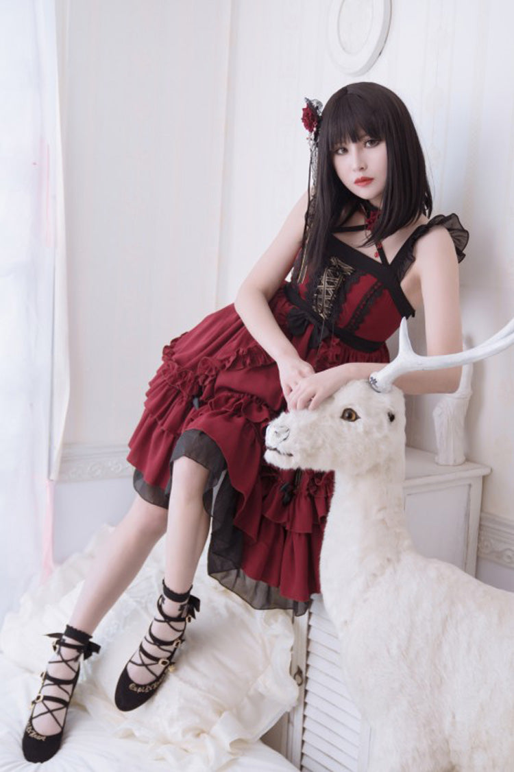 Red Seven Deadly Sins - Wrath Double-Layered Ruffle Stitching Lace Gothic Lolita Jsk Dress