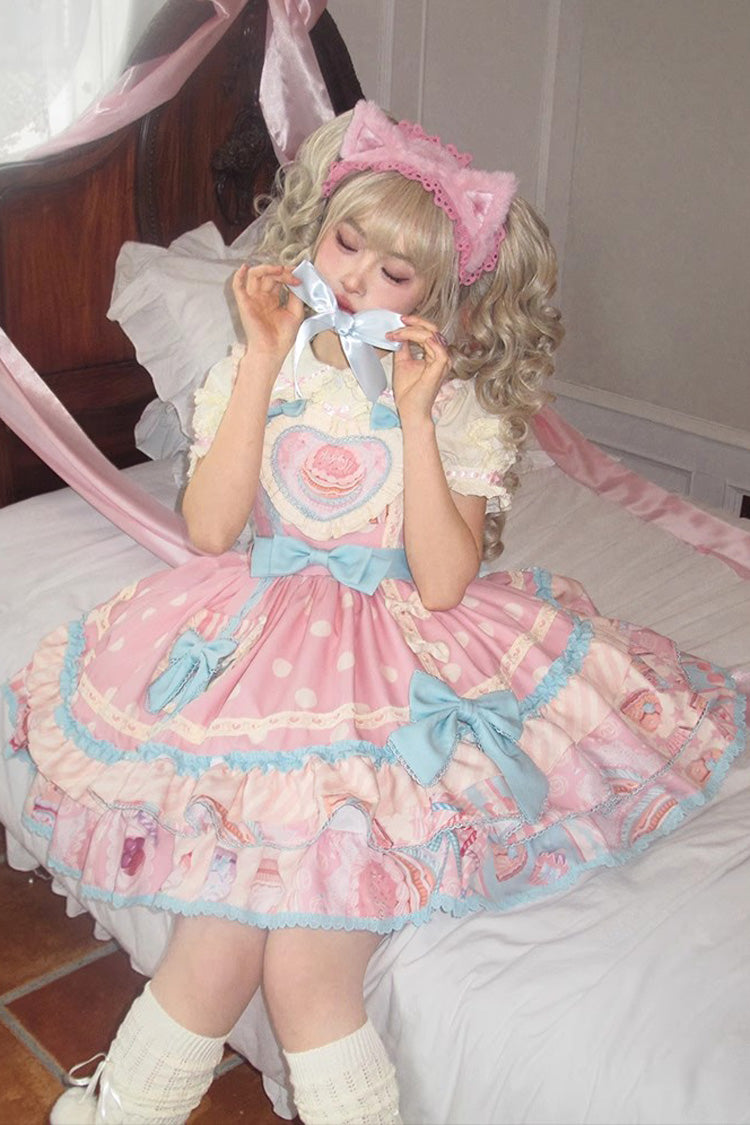 Pink Multi-layer Frosted Sugar Sweetheart Print Bowknot Sweet Lolita Jsk Dress