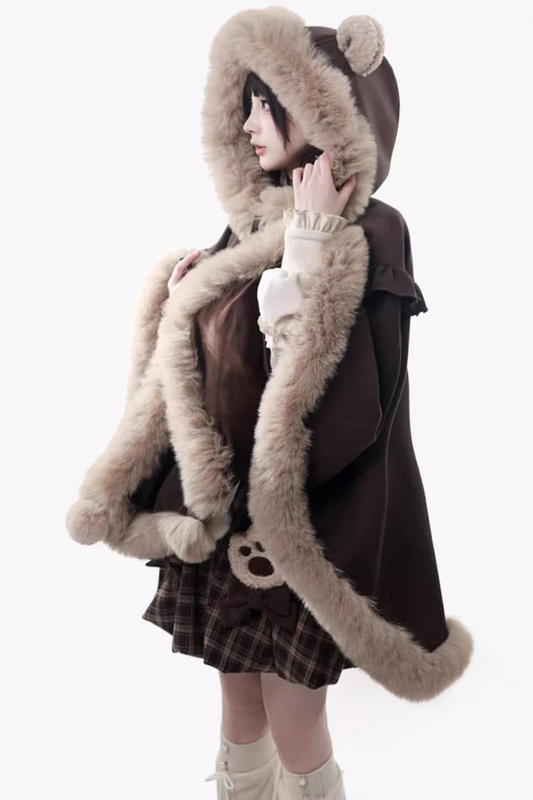 Brown Fluffy Little Bear Sleeveless Printed Ruffled Bow Sweet Lolita Strap Dress