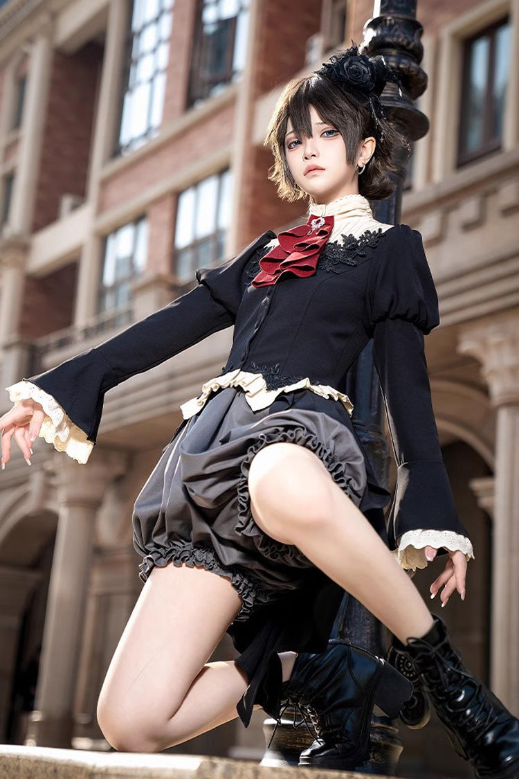 Black Eternal Night Feast Long Sleeves Gothic Prince Handsome Ouji Lolita Tailcoat Top and Shorts Set