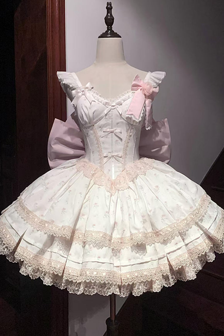 Pink First Love Rose Multi-Layered Print Ruffle Bowknot Lace Sweet Lolita Jsk Dress Set