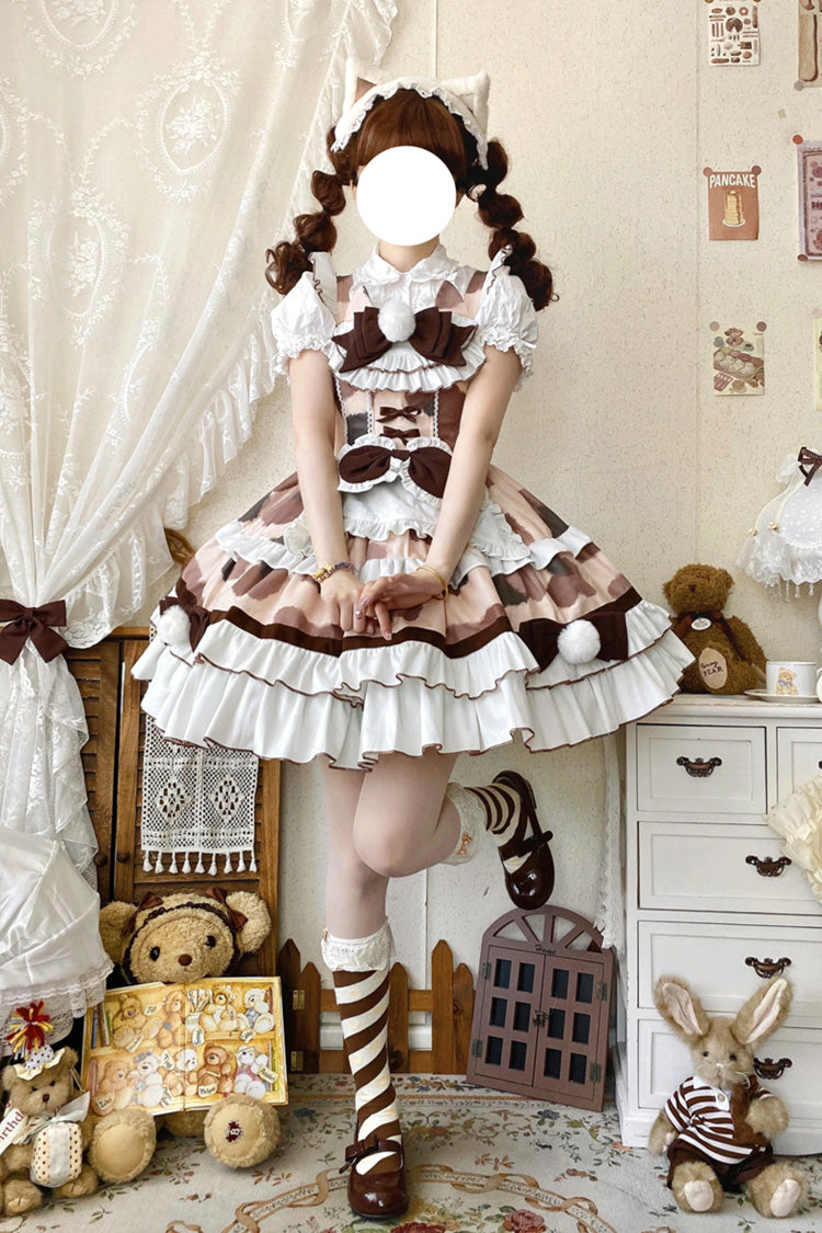 Brown Calico Cat Sleeveless Triple-Layered Printed Ruffled Bow Plush Sweet Lolita Jsk Dress