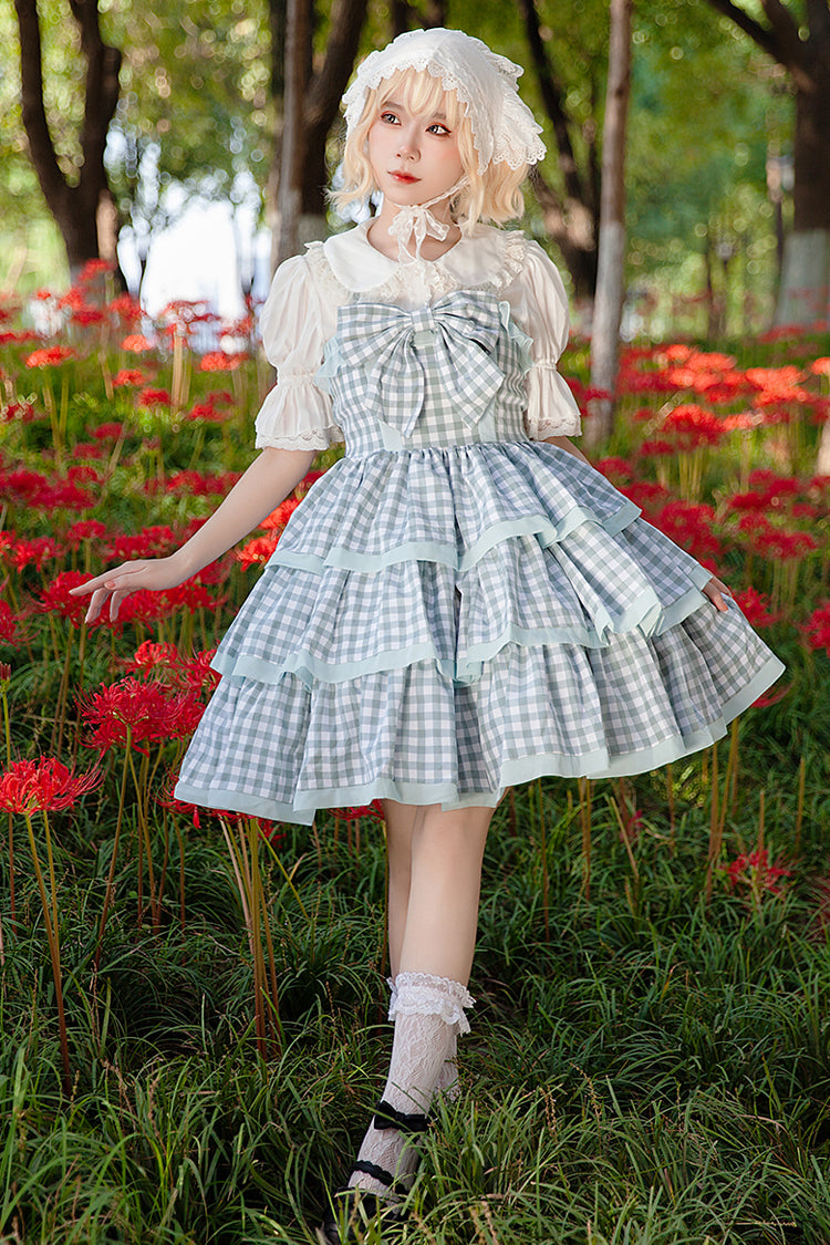 Blue Cloth Cat Triple-Layered Plaid Print Ruffle Bowknot Sweet Lolita Dress 2 Colors