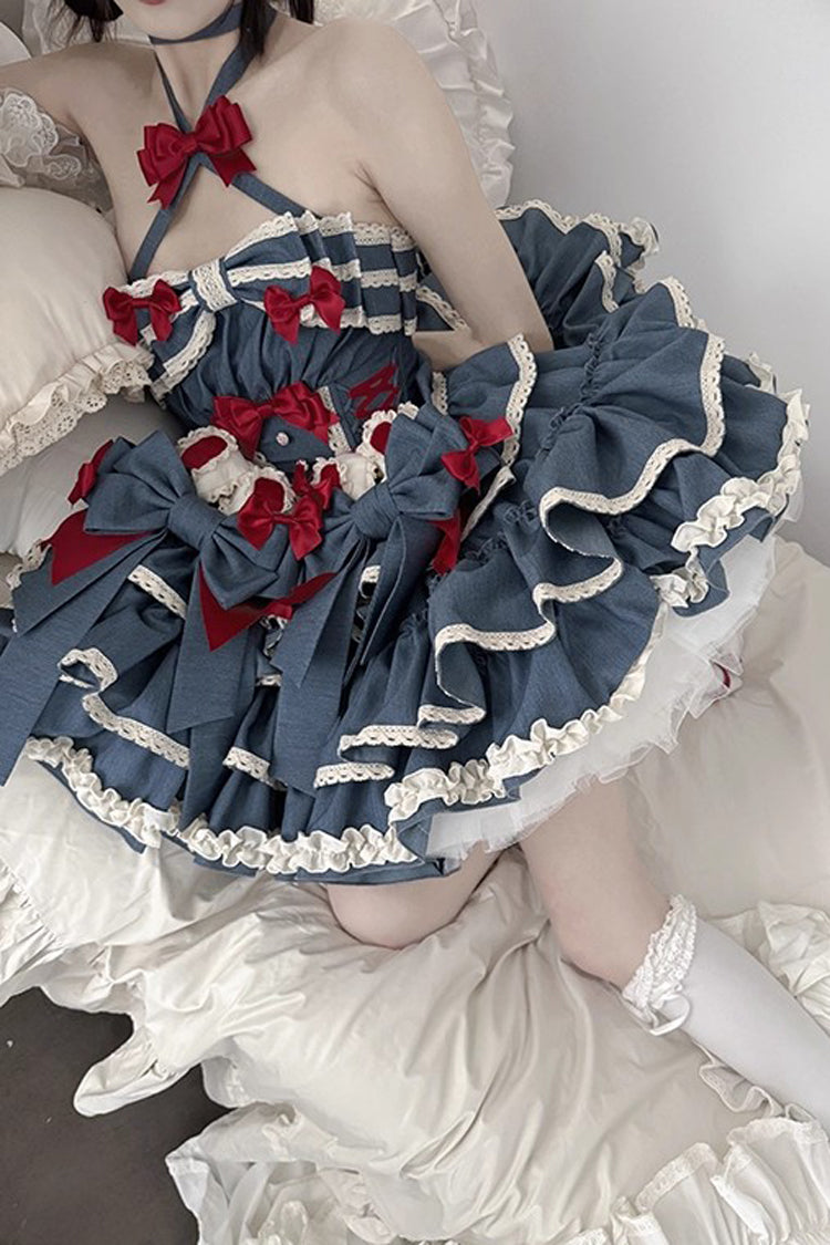 Blue Milk Rabbit Theater Halterneck Sleeveless Triple-Layered Ruffle Bowknot Lace-Up Sweet Lolita Jsk Dress