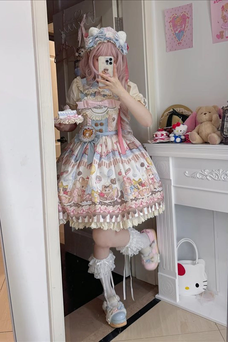 Multi-Color Sleeveless Cat Dessert Print Ruffle Bowknot Lace Sweet Japanese Lolita Strap Dress