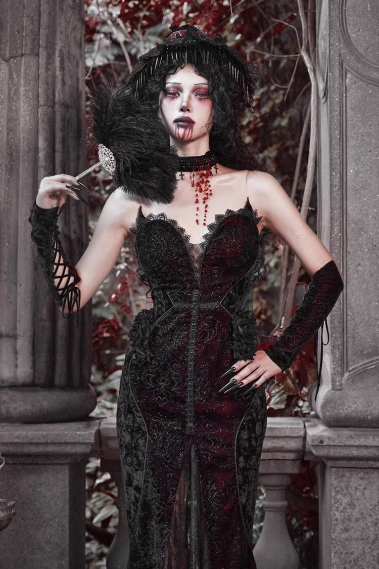 Black/Red Scarlet Blood Peak Sleeveless High Waisted Ruffle Embroidery Lace Gothic Lolita Fishtail Dress