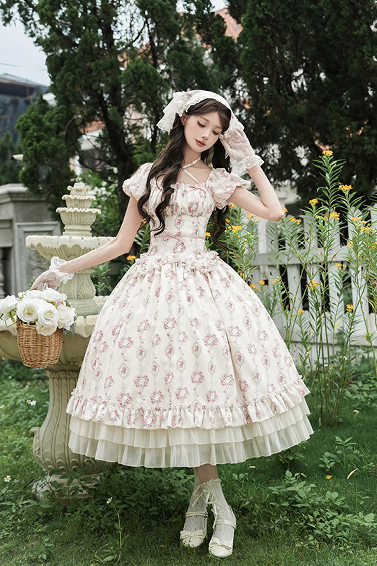 Ivory Rose After The Rain Short Sleeves Triple-Layered Print Ruffle Bowknot Lace-Up Sweet Lolita Long Dress