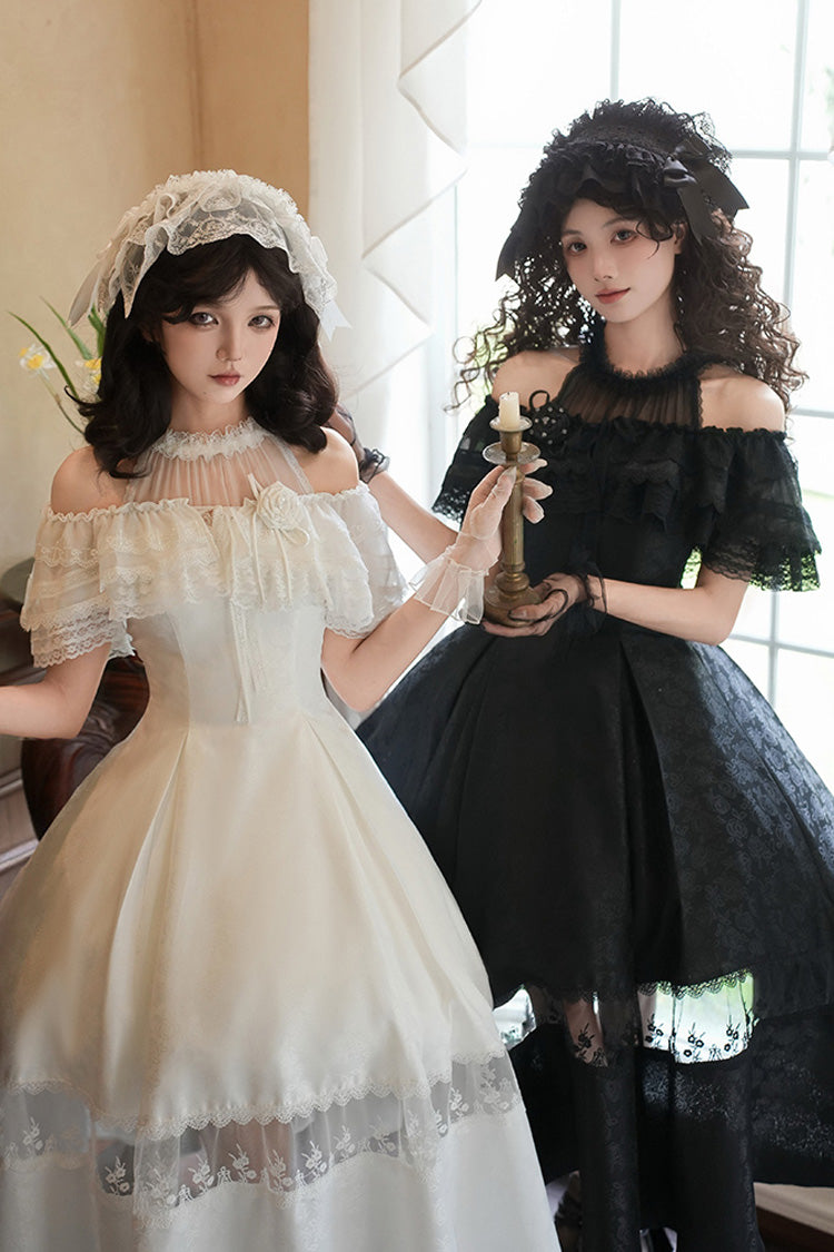 White Flowers in the Mist Off Shoulder Halterneck Print Ruffle Gothic Elegant Lolita Dress