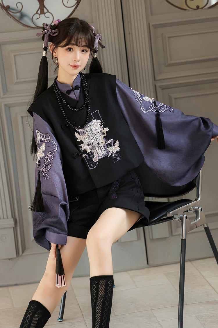 Black/Purple Stand Collar Long Sleeves Embroidery Classic Chinese Style Prince Hanfu Ouji Set