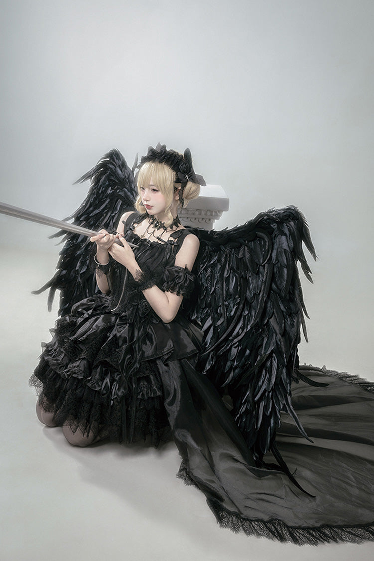 Black Rose Memoirs Sleeveless Multi-Layered Bowknot Lace Gothic Lolita Skirt Set