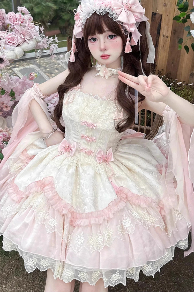 Pink Lyrics in the Midst of Flowers Ruffle Embroidery Bowknot Chinese Style Elegant Sweet Lolita Jsk Dress